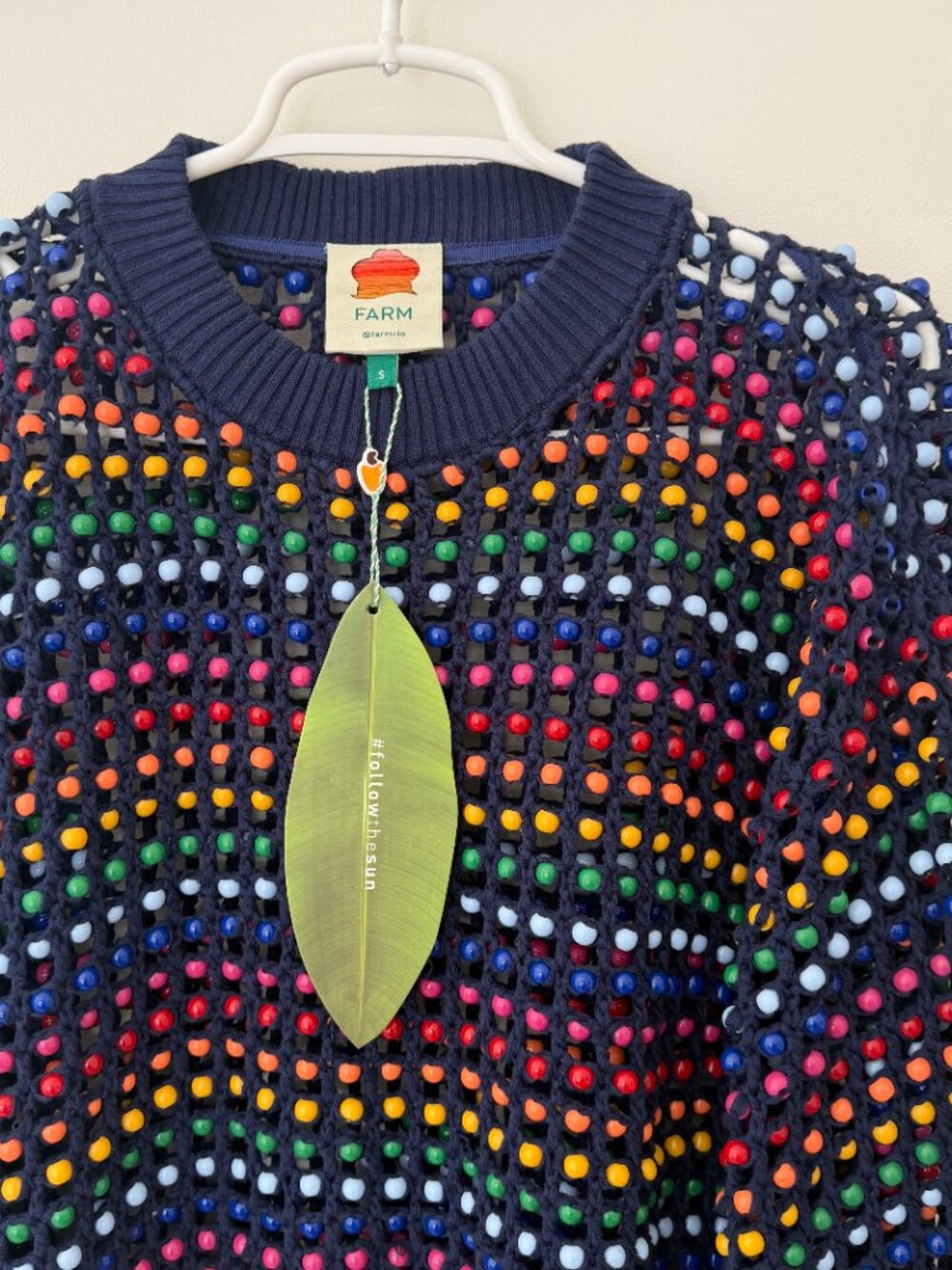 Farm Rio Navy Blue Topanga Rainbow Beaded Crochet Knit Sweater New With Tags - Picture 6 of 8